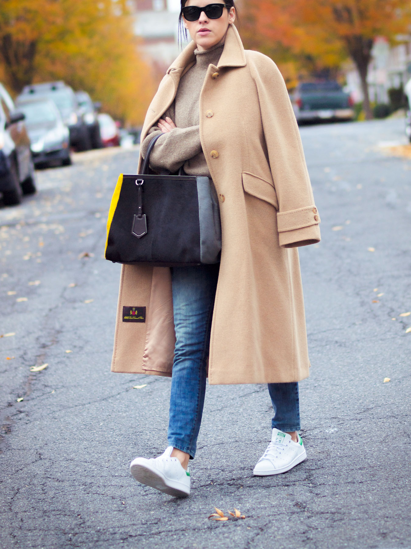 Camel Coat and White Sneakers 
